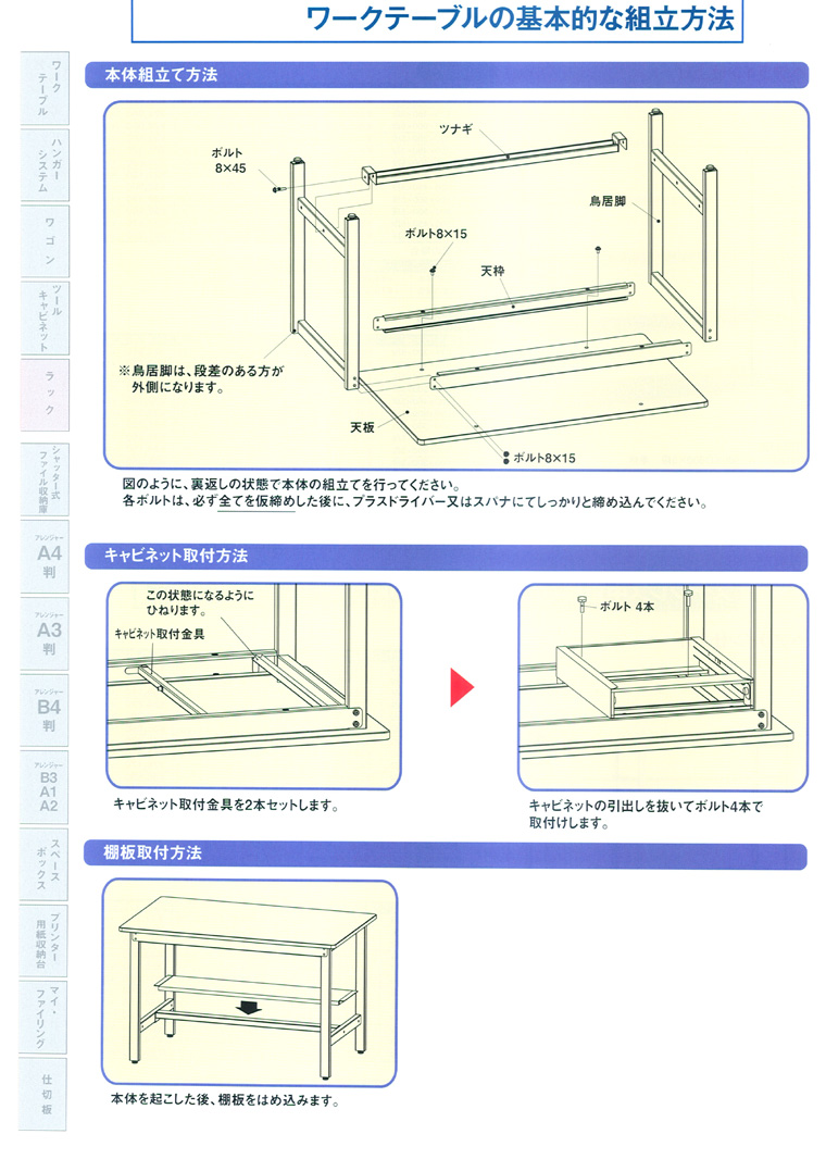 ワークテーブルの基本的な組立方法